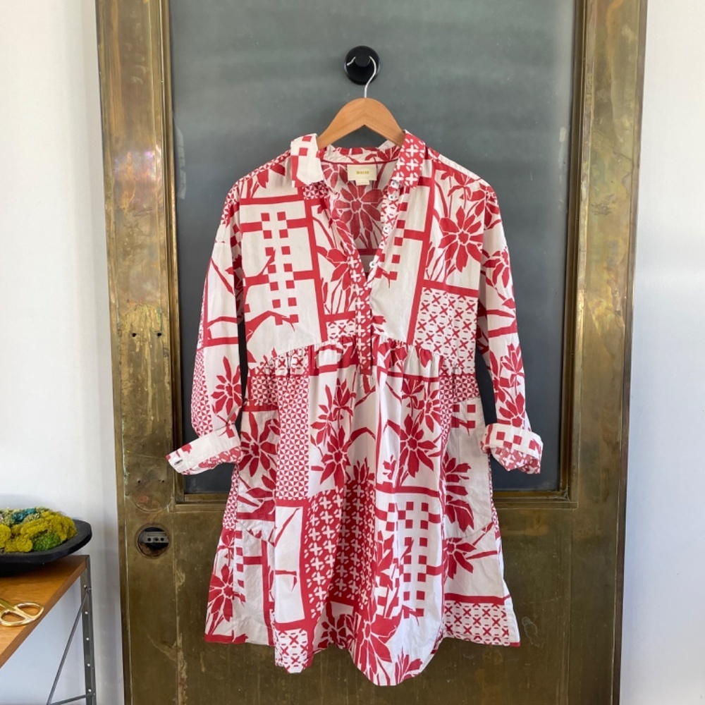 Maeve Anthropologie Red Patchwork Empire 100% cotton Waist Shirt Dress S small - Picture 2 of 10